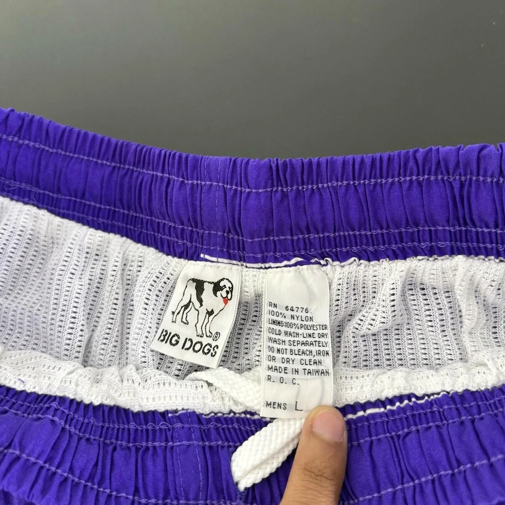 NWT Big Dogs Shorts Mens Large Purple Swim Trunks Lined Dog Graphic Elastic Logo